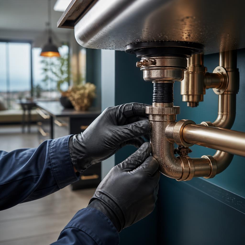 Close view of a clean drain repair setup with copper and steel plumbing parts