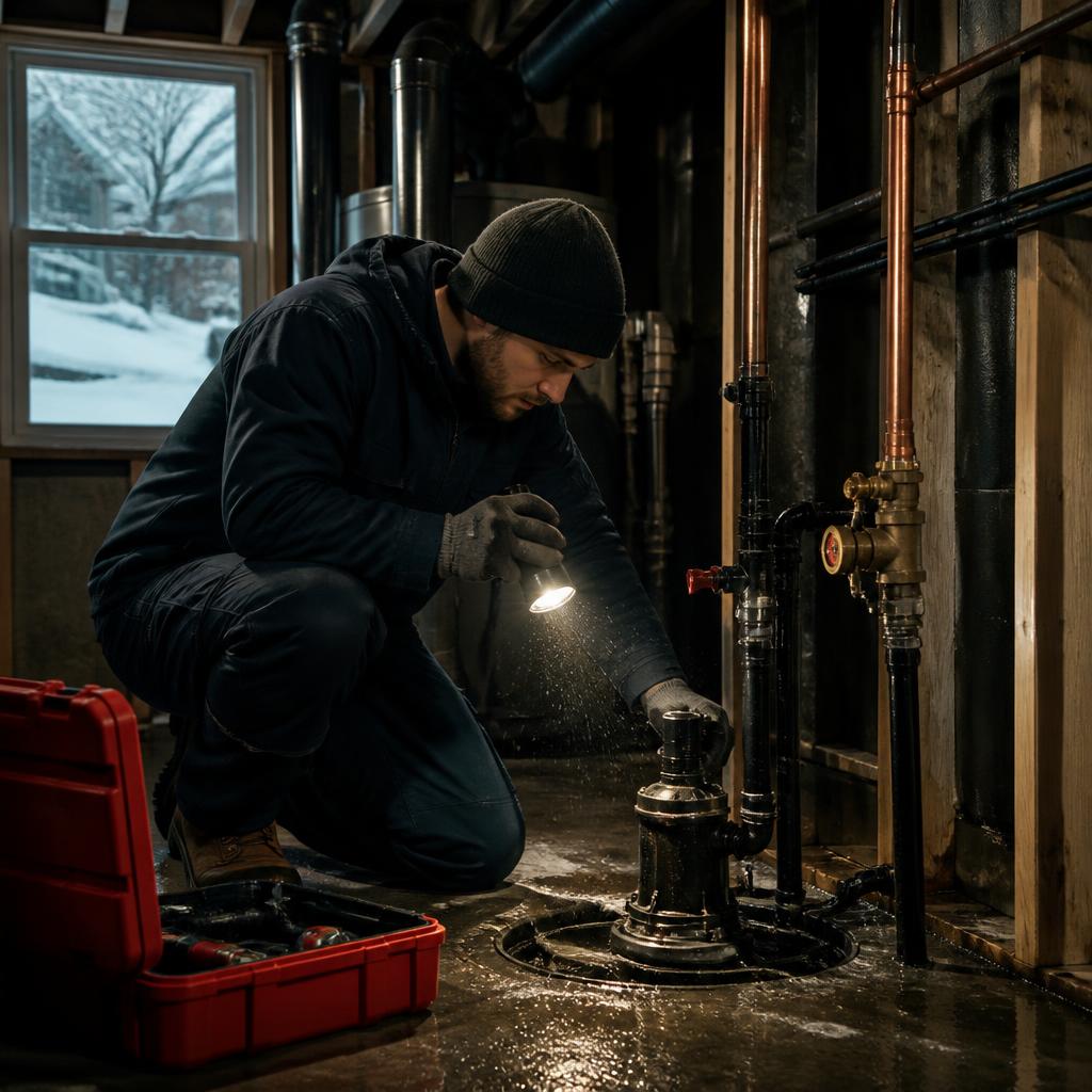 Plumber working carefully beneath a kitchen sink during an emergency repair