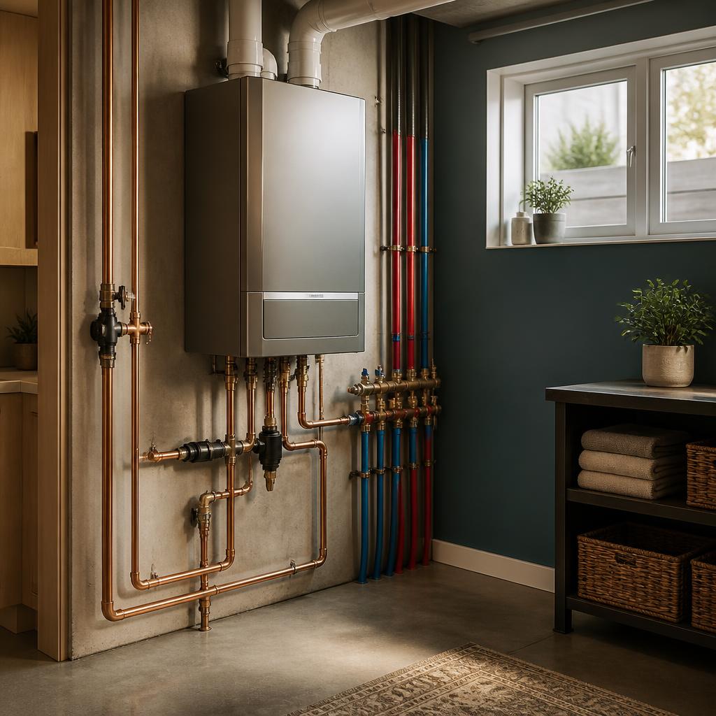 Modern water heater and exposed plumbing connections in a tidy utility room