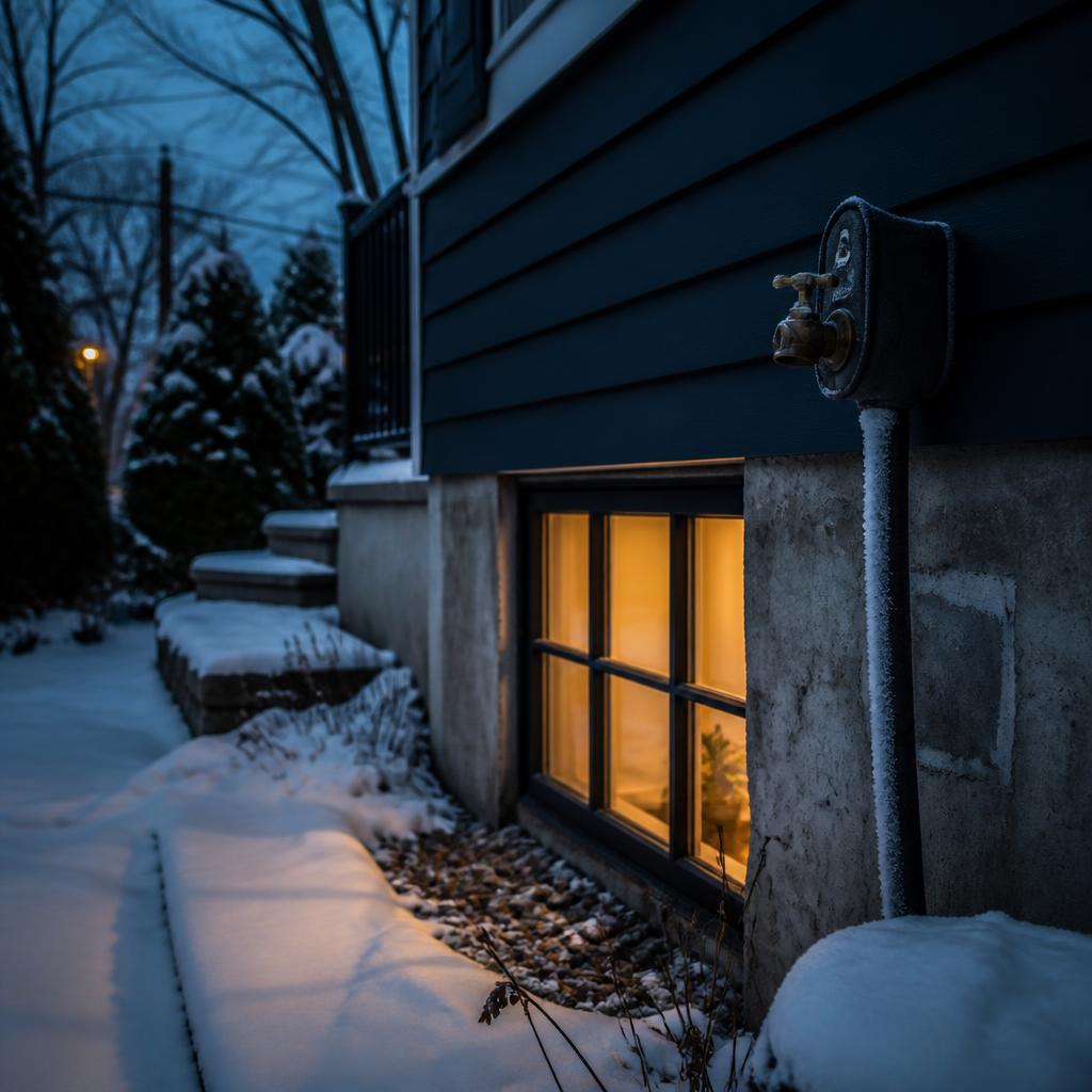 Snowy Ottawa home exterior with winter light and protected outdoor plumbing